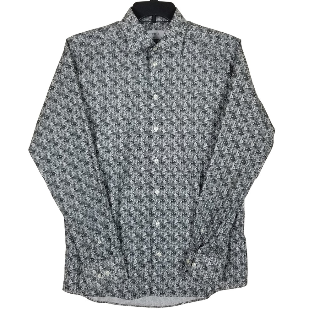 Eton Button Down Shirt Men 16 Black White Tiger Print Slim Cotton Long Sleeve